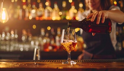 A bartender is carefully pou amber liquor from a glass bottle into an elegant wine glass at a dimly lit bar counter with an assortment of bottles behind her.