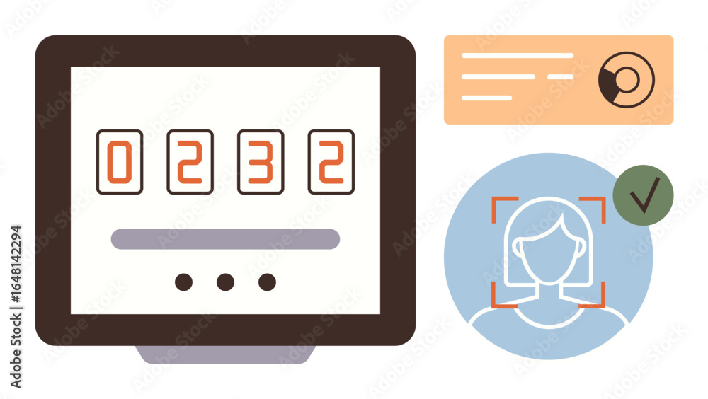Poster computer monitor with numeric code, biometric face scanning, and id card graphic. ideal for security