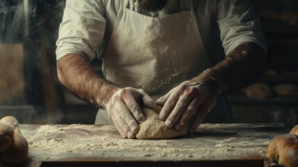 At a school culinary class or in a home baking environment, bakers knead fresh pizza dough on wooden tables before baking