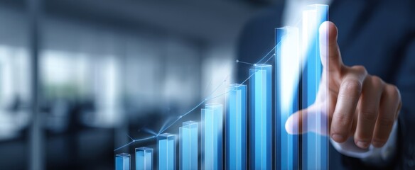 The virtual bar chart illustrating business growth and revenue increase on touchscreen interface