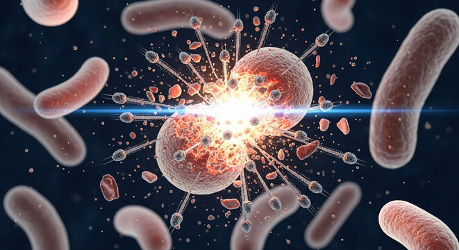 Cellular Destruction: Microscopic Organism Lysis with Energy Burst - Powered by Adobe
