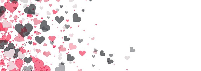 Pink & grey hearts falling, white background; Valentine's Day card