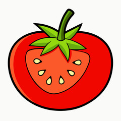 Obraz premium Tomato vector illustration with fresh strawberries, red ripe fruit with a green leaf on a white background
