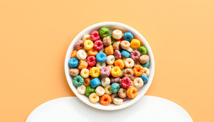 multicolored cereals in a white bowl on wood background, flat papercut style. White tone