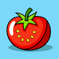 A ripe, red tomato with a green leaf and fresh drops of water is a healthy food vector illustration on a white background