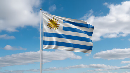 Majestic Uruguayan flag proudly waves against a vibrant blue sky with fluffy white clouds, symbolizing national pride and freedom.