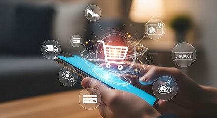 Conceptual image of online shopping with a smartphone and various e-commerce icons floating around