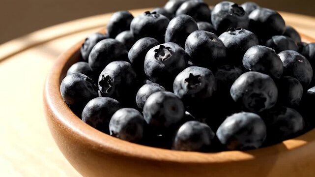Circular dolly over a bowl of glossy blueberries on a wooden table in morning light, highlighting vibrant nutrition for eye health