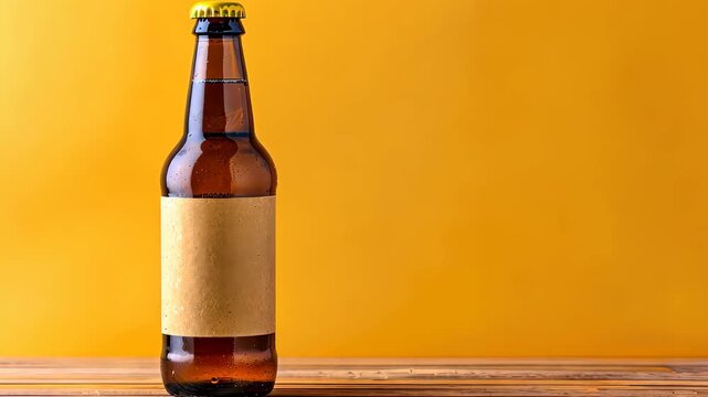 Golden Brewed Elixir: An amber glass beer bottle, with an empty label, sits against an inviting yellow backdrop, embodying the essence of refreshment and indulgence.