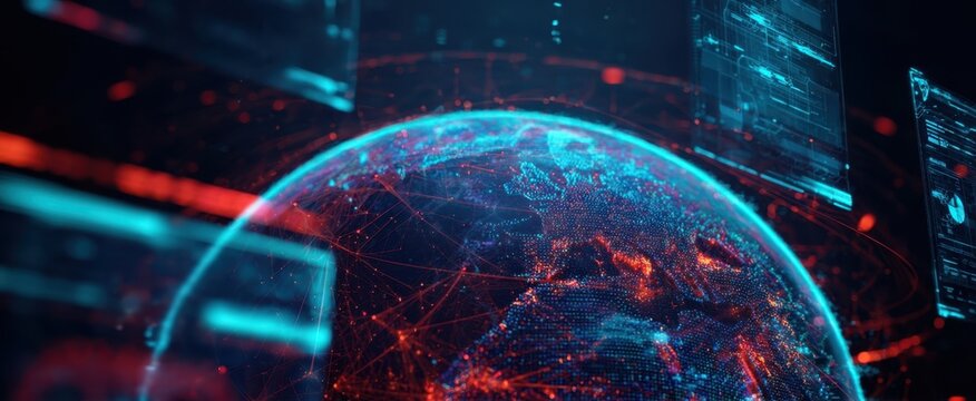 [The Earth Digital Globe Surrounded by Futuristic Holographic Data Panels and Network Connections]