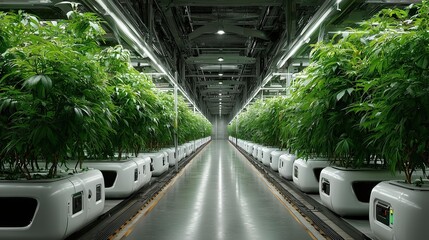 Futuristic AI-managed indoor vertical farm corridor lined with automated white growth pods and lush green crops under LED lights