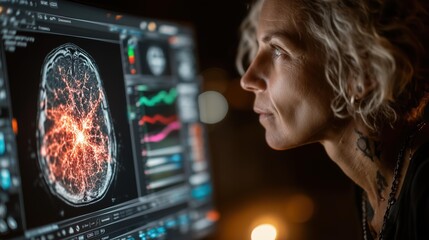 Clinician examining AI-enhanced MRI brain scan with neural activity visualization on diagnostic workstation