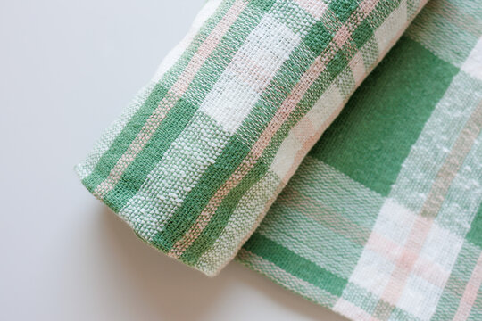 Green and White Checkered Cotton Kitchen Towel on Light Background