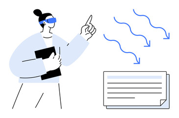 Individual holding documents, gesturing towards flowing lines and document graphic. Ideal for education, teaching, training, presentation, communication, strategy data visualization. Clean flat