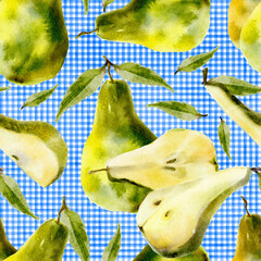 Seamless watercolor pattern with green pears and leaves on blue checkered background. For textile design, kitchen decor, wrapping paper, and picnic-themed
