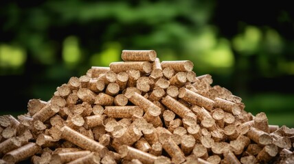 Piled wood pellets with a blurred green background showcasing natural materials.