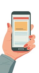Woman's hand holding phone, reading online article, white background, possible use website design