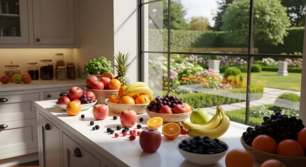 Buah buahan di atas meja dengan latar belakang taman
