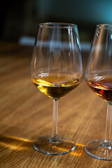Visit of wine cellar with old large oak barrels, tasting of fortified dry or sweet tasty marsala wine in Marsala, Sicily, Italy