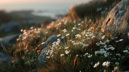 Fototapeta premium Peaceful Meadow with Blooming White Flowers and Serene Seaside Backdrop