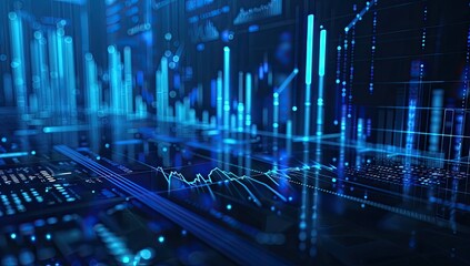 Financial data analysis on digital screen, city background
