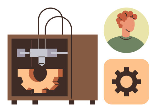 3D printer crafting a large gear, accompanied by a profile avatar and gear icon. Ideal for innovation, technology, engineering, manufacturing, prototyping, DIY education. Simple flat metaphor