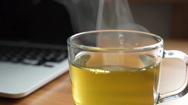 Macro push-in on a steaming green tea beside a laptop, elegant swirls suggesting antioxidant care during mindful work-from-home time