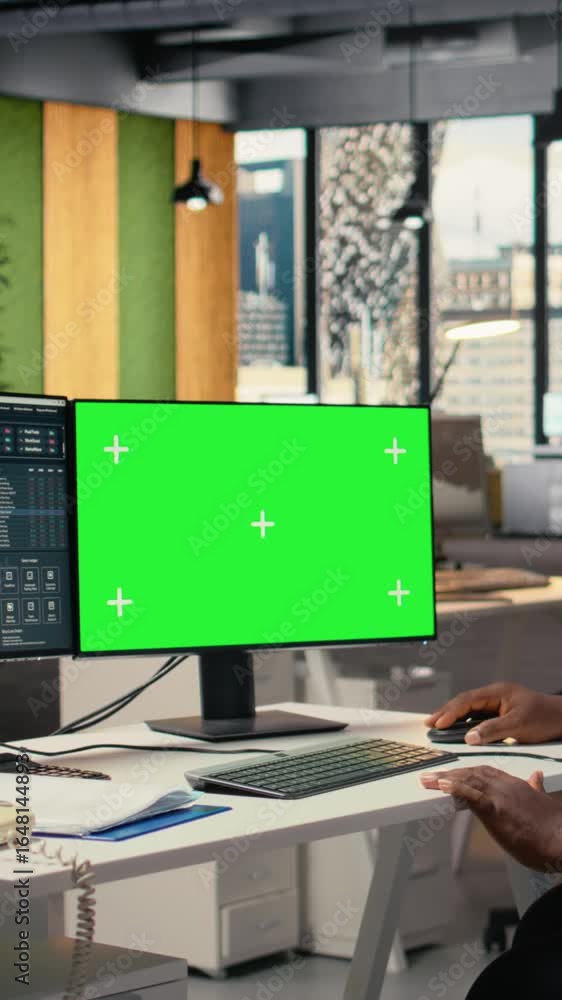 Poster vertical video investment consultant talking in headset mic, using green screen pc, reviewing client