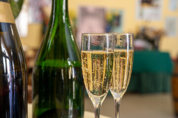 Pouring and tasting of dry sparkling wine brut, grand reserve, champagne in Ay-Champagne wine making village in Vallee de la Marne, , Champagne region, France