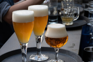 Belgian beer in glass in old brewery in Bruges, strong triple, tasty beverage, lunch with beer, tourist destination, Flanders, Belgium