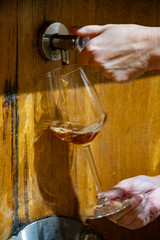 Visit of wine cellar with old large oak barrels, pouring of fortified dry or sweet tasty marsala wine from barrels in Marsala, Sicily, Italy