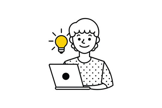 A cartoon person with a laptop and a lightbulb idea silhouette