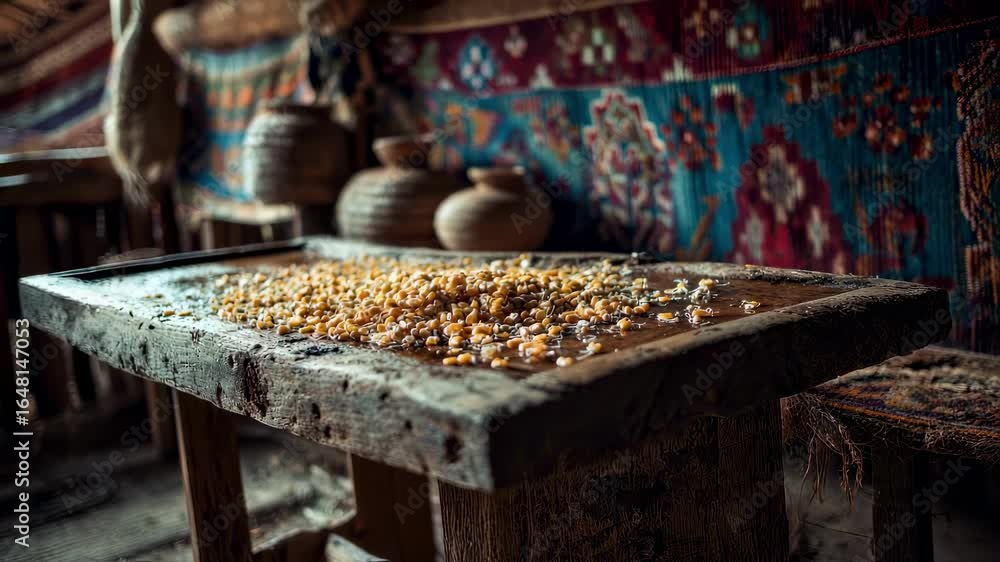 Aufkleber medium shot highlighting a wooden table scattered with soaked corn kernels drenched in lime solution