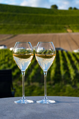 Glasses of white sparkling wine brut, grand reserve, champagne on green hilly vineyards in old wine making grand cru Ay-Champagne village in Vallee de la Marne, Champagne, France