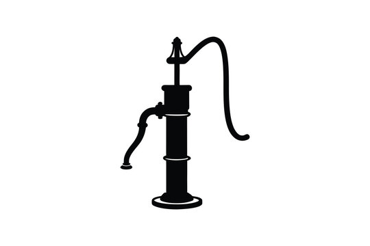 Old fashioned hand pump water well illustration in black and white silhouette