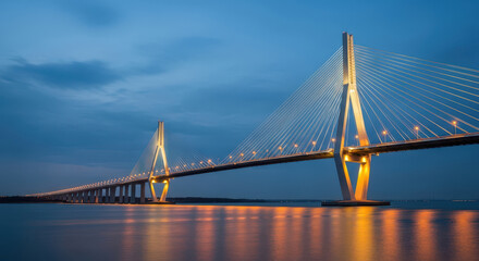 Illuminated cable stayed bridge spanning calm water under a twilight sky