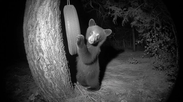 Curious black bear cub pawing a hanging tire swing at night - Powered by Adobe