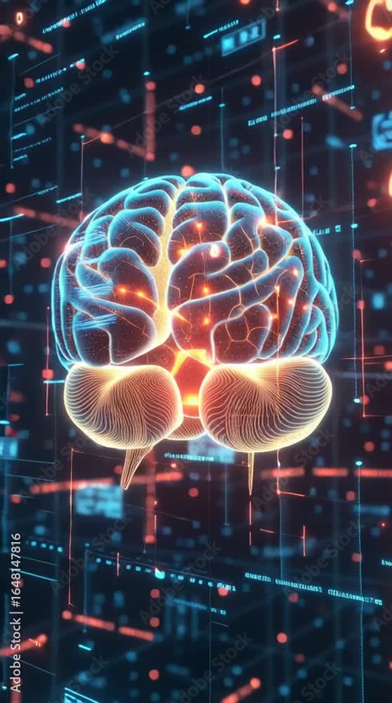 Poster glowing neural brain with holographic data charts.