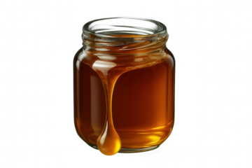 Golden honey dripping from glass jar, creating viscous droplet suspended mid-descent against transparent backdrop