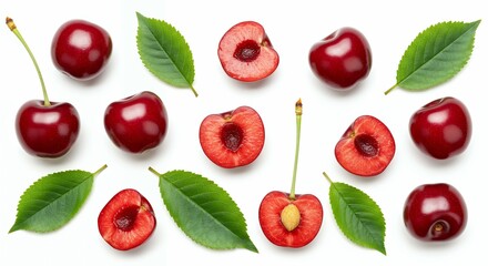 Dark red sweet cherries with stems and green leaves alongside halved fruits on white background, flat lay food photography