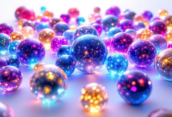 Colorful spheres with glowing inner lights.