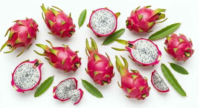 Vibrant pink dragon fruit with white flesh and black seeds displayed on white background, tropical exotic fruit flat lay photography