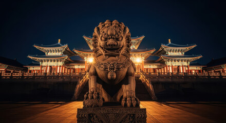 Majestic stone guardian statue guards ornate illuminated asian temple architecture at night