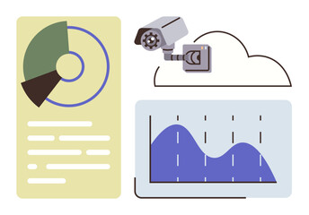 Pie chart, security camera, cloud storage, and line chart illustrating data monitoring, cloud technology, and security management. Ideal for analytics, cloud storage, security monitoring