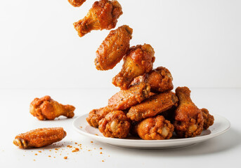 Deliciously glazed chicken wings piled high on a white plate with a few scattered