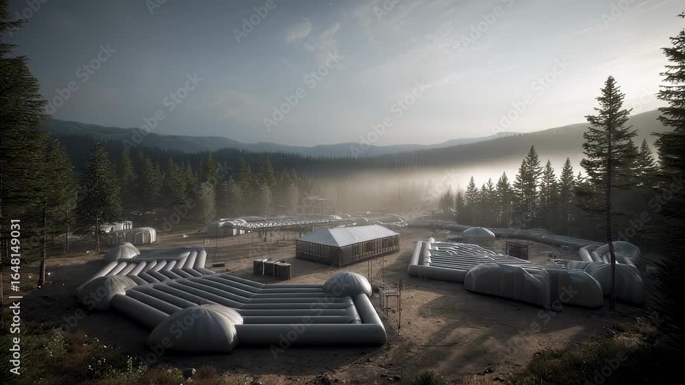 Poster closefocused view of inflatable grandstand construction components filling with air set in an isolat