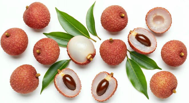 Lychee fruit flatlay showing textured red shells and peeled translucent flesh with dark seeds and fresh green leaves on white