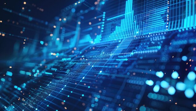 Digital data flow, market trends, global network, blue background, financial report visualization