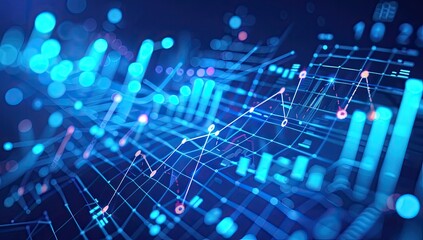 Digital data analysis, glowing graphs, network, background bokeh, financial report