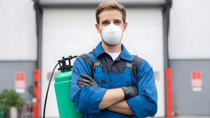 Pest control technician dressed in protective gear, including blue overalls, black gloves, and a white mask, holding a green sprayer.